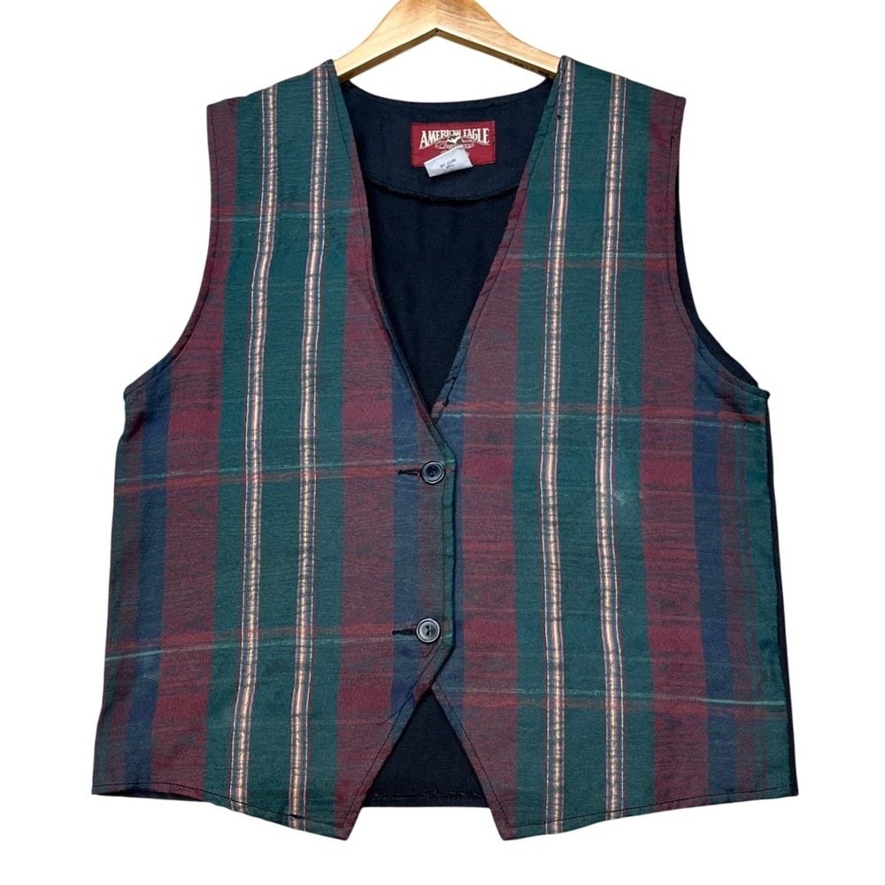 VTG American Eagle Vest Women OS Burgundy Green Navy Plaid Button Front USA MADE